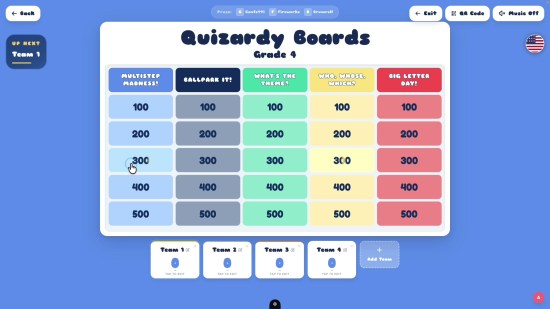 Completed Velo Jeopardy-style game board with five colorful categories, point values from 100 to 500, and four team slots with presenter controls including drumroll and QR code