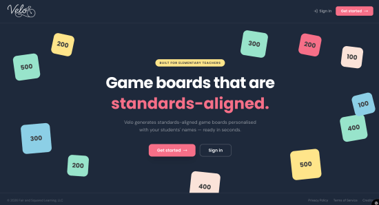 Velo homepage at velo.school showing standards-aligned game boards built for elementary teachers